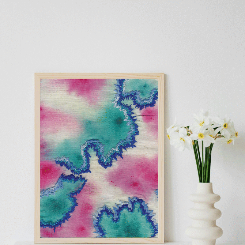 Making Waves art print featuring blue and pink painting and embroidery on raw cotton, printed on Hahnemühle Photo Rag paper."