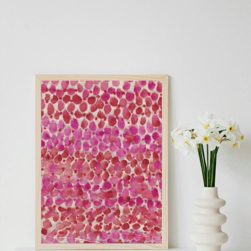 Painted and Embroidered raw canvas print in pinks and red