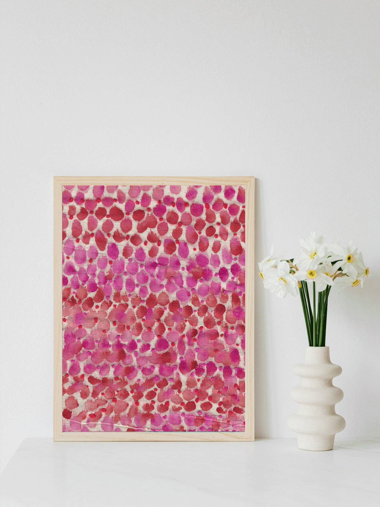 Painted and Embroidered raw canvas print in pinks and red