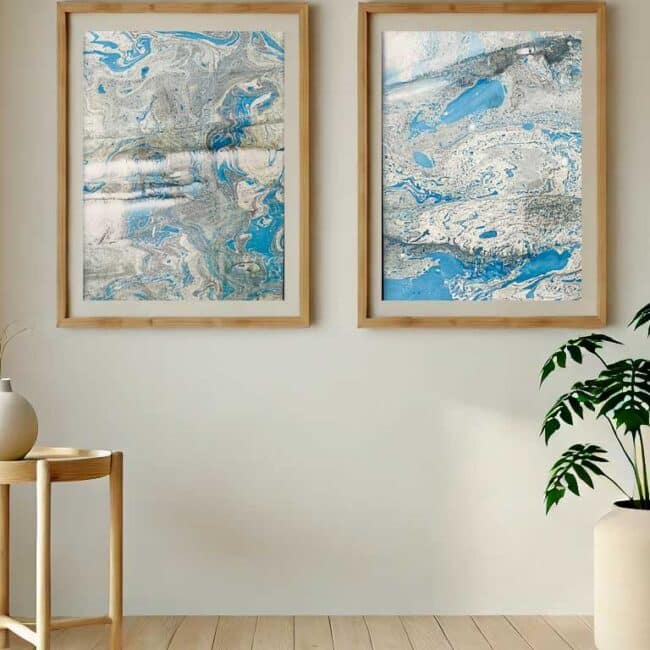 Blue framed art in living room