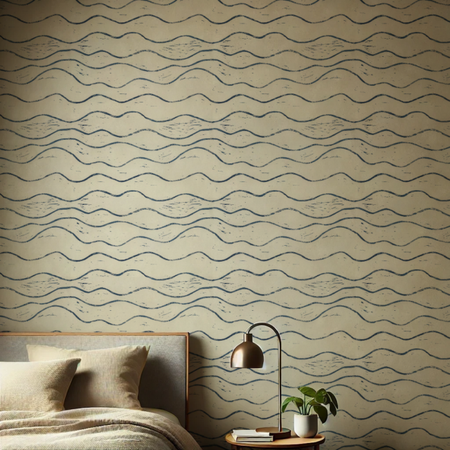 Block-print-waves-wallpaper-a-bedroom-close-up-