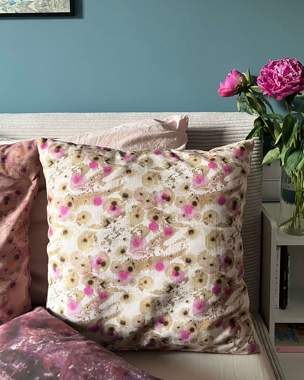 Elysia ink printed cushion in pink and gold