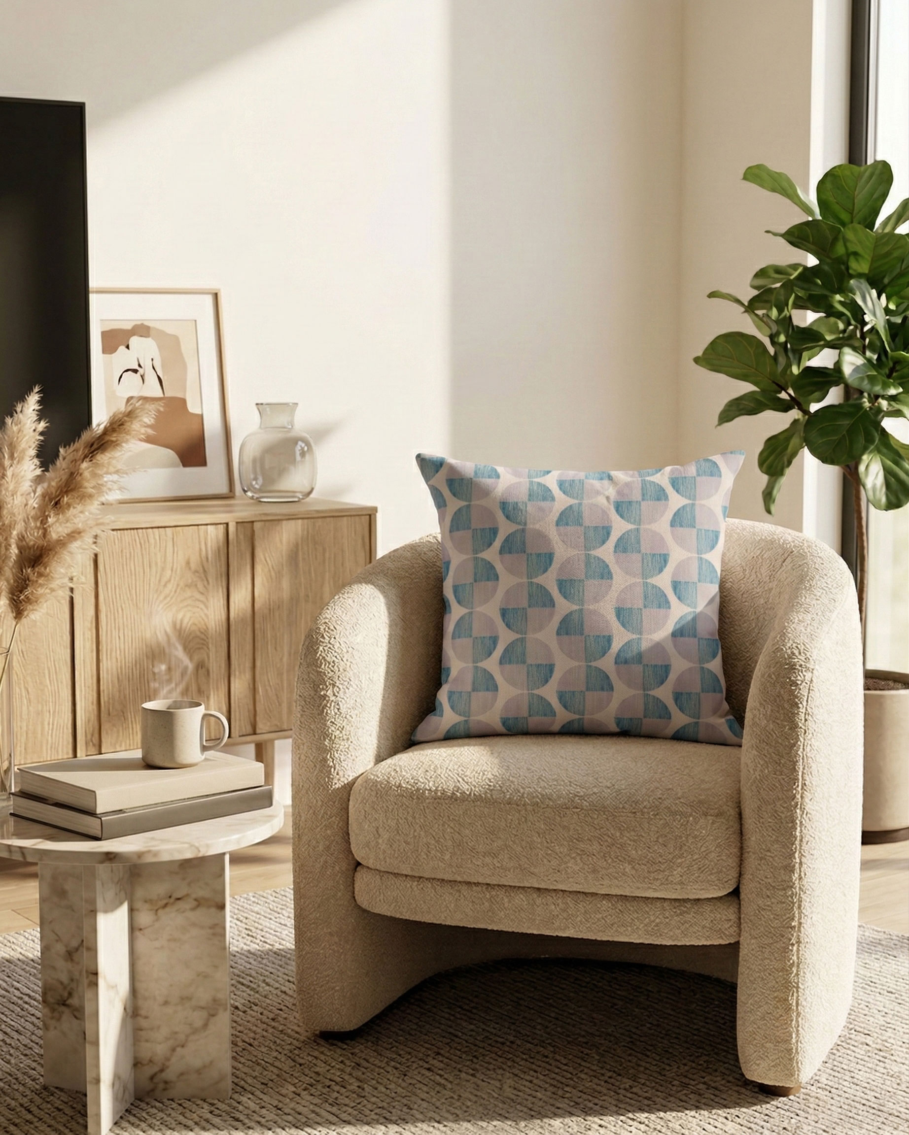 Elysia geometric cushion in blue grey on a modern armchair