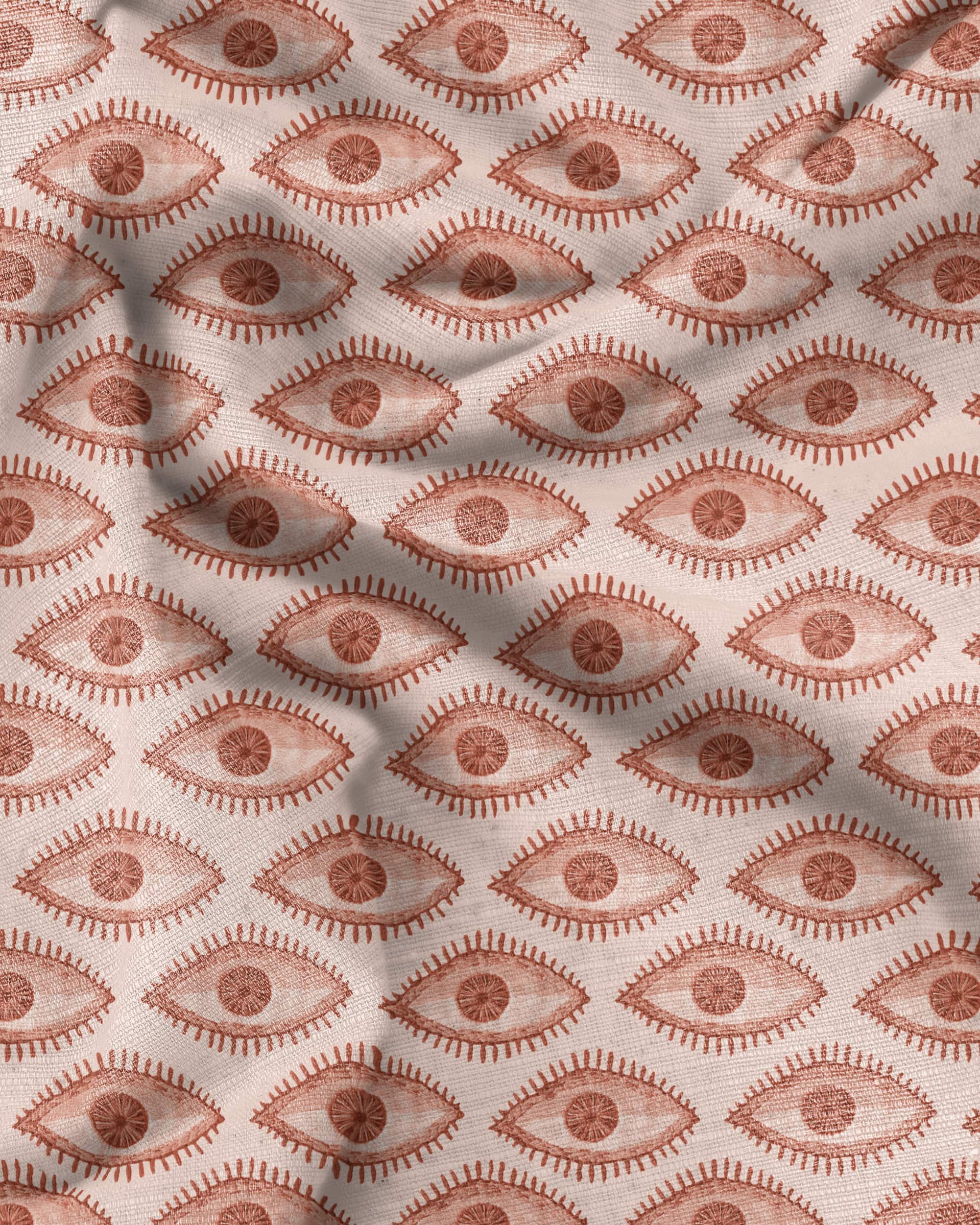 Mati-Eyes brown fabric close up, printed on linen union