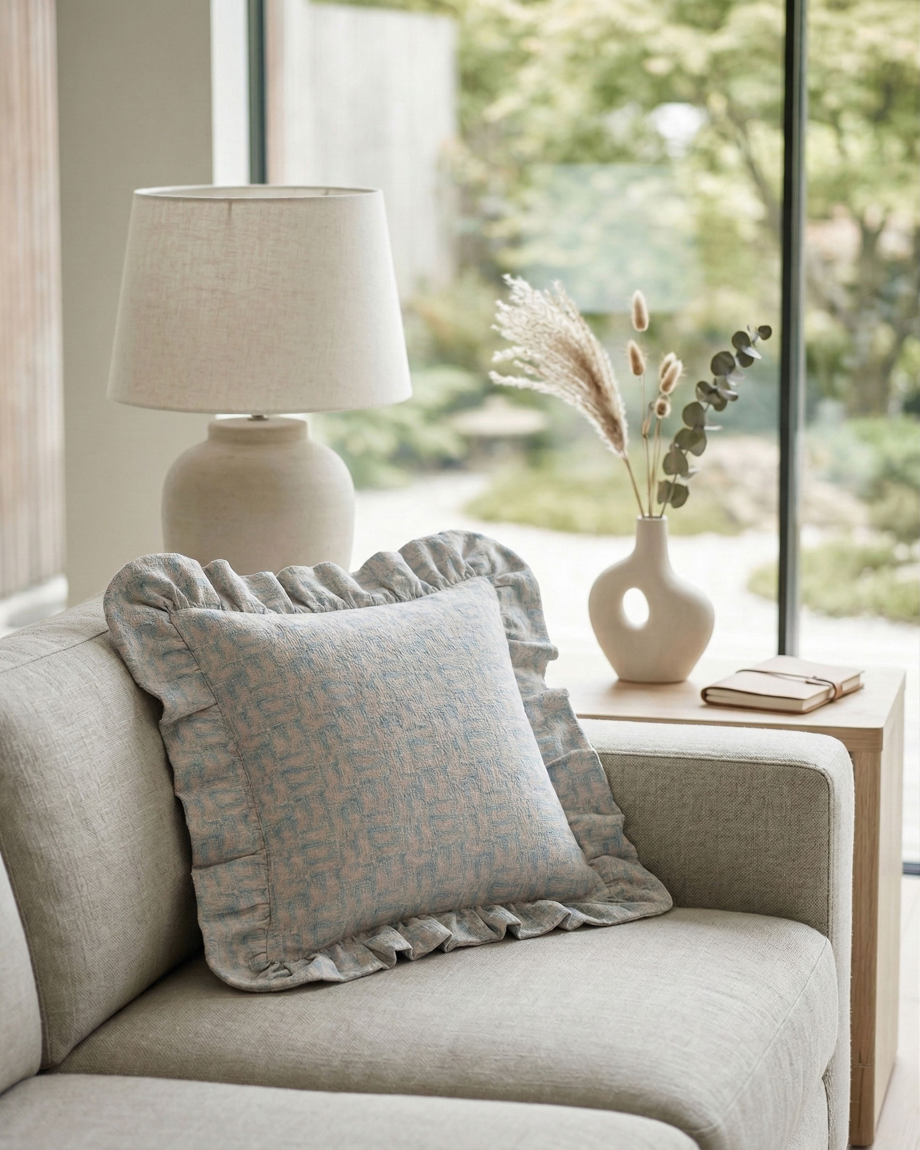 Weave ruffle linen cushion in light blue