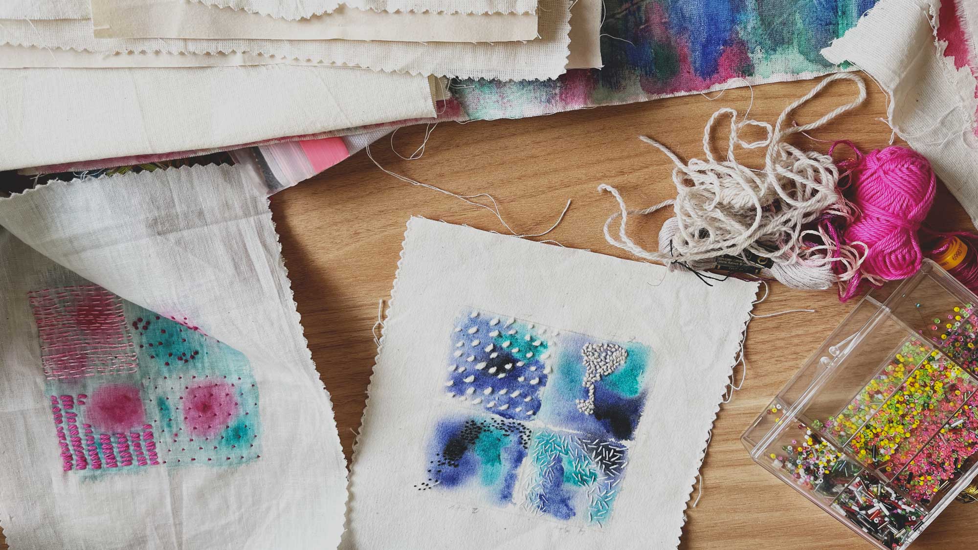 Cotton beads and wool embroidery threads on painted fabric, Thalia Botsari