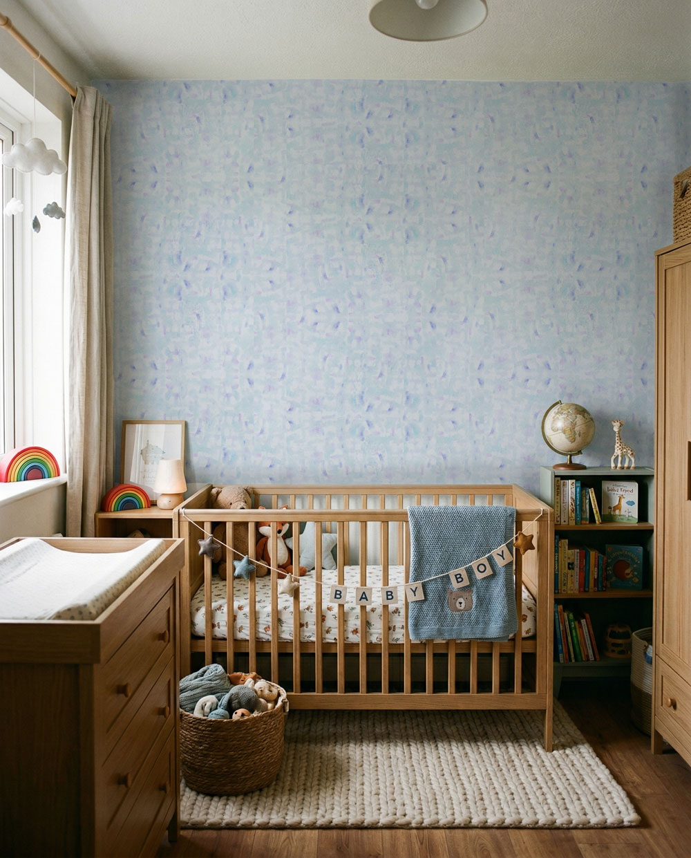 Watercolor wallpaper in light blue in baby boys bedroom