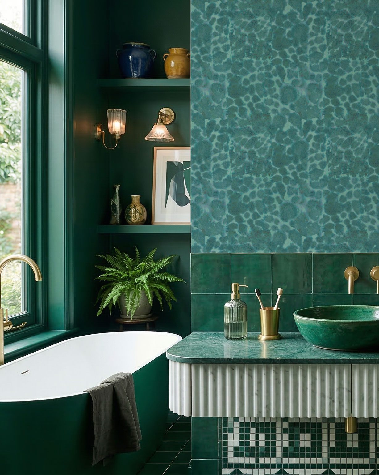 Green bathroom with abstract wallpaper in emerlad