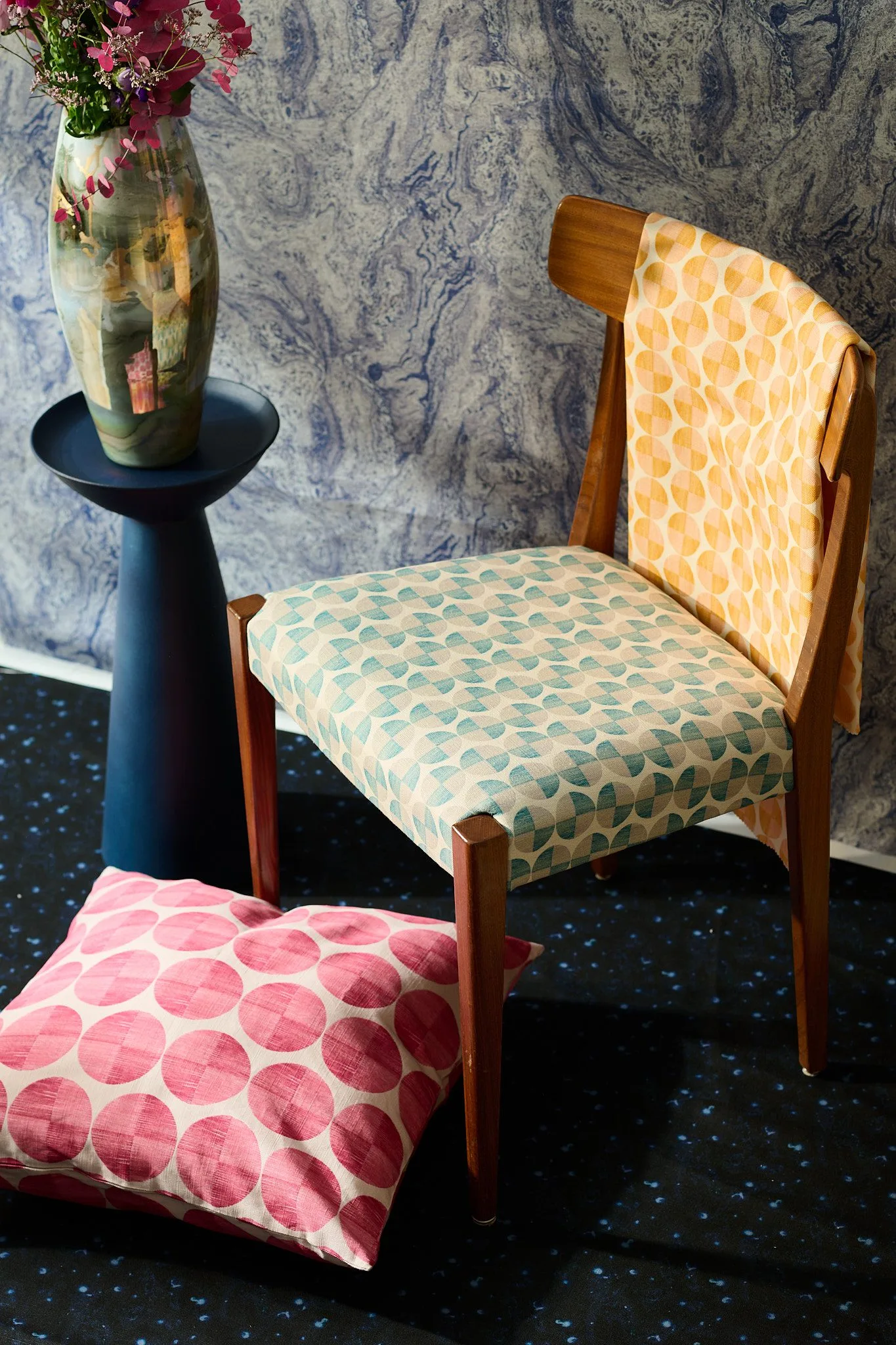 Elysia geometric fabric in three colorways for upholstery and cushions