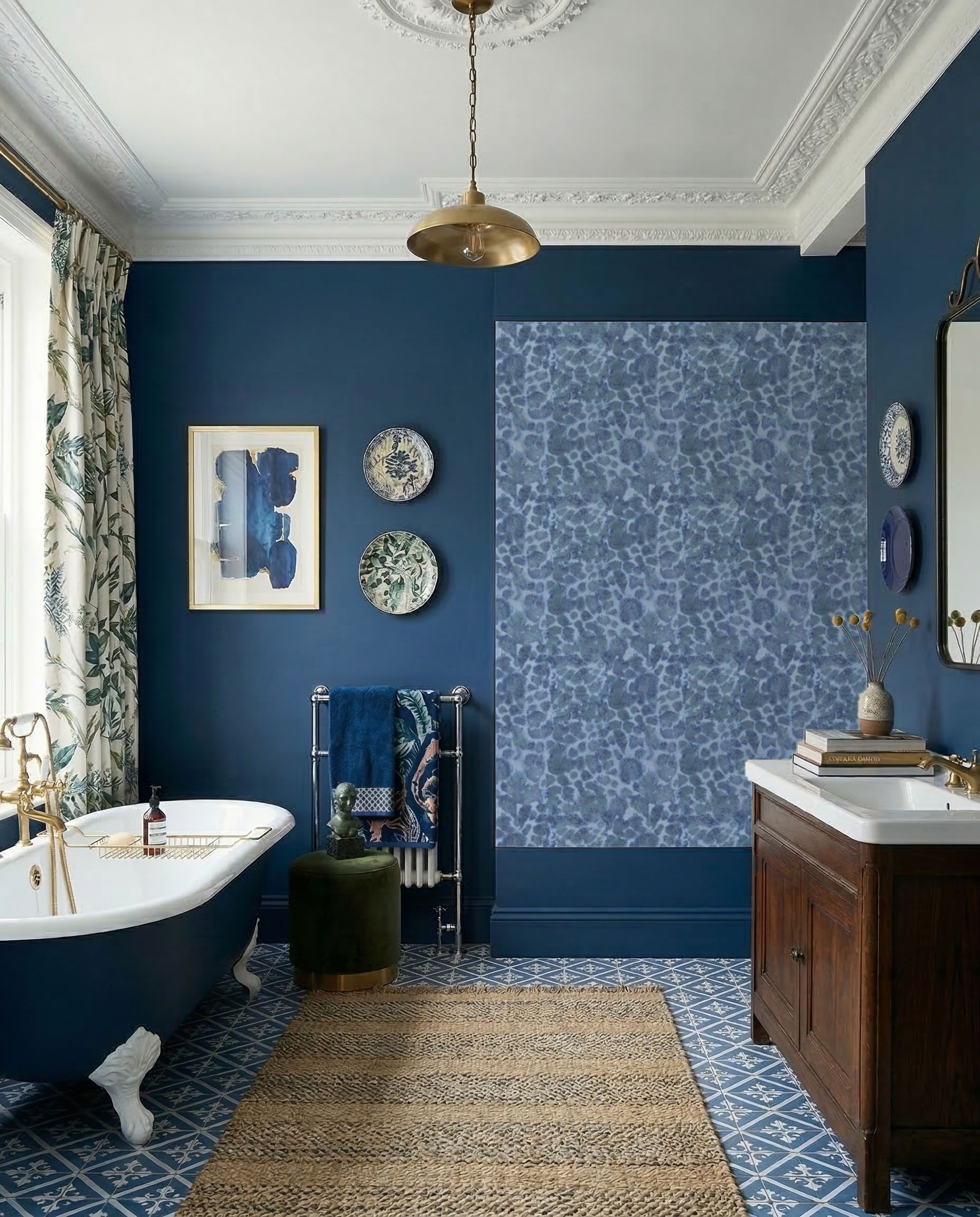 Blue bathroom with abstract watercolor wallpaper