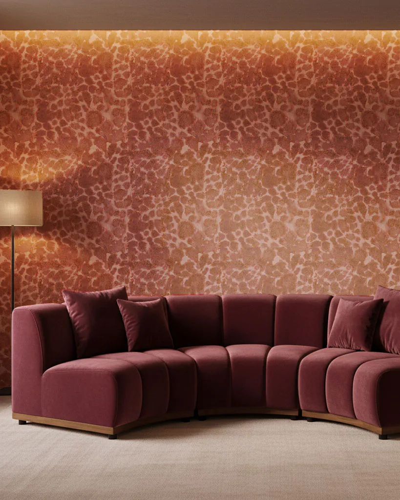 Cape greco wallpaper in burgundy red living room