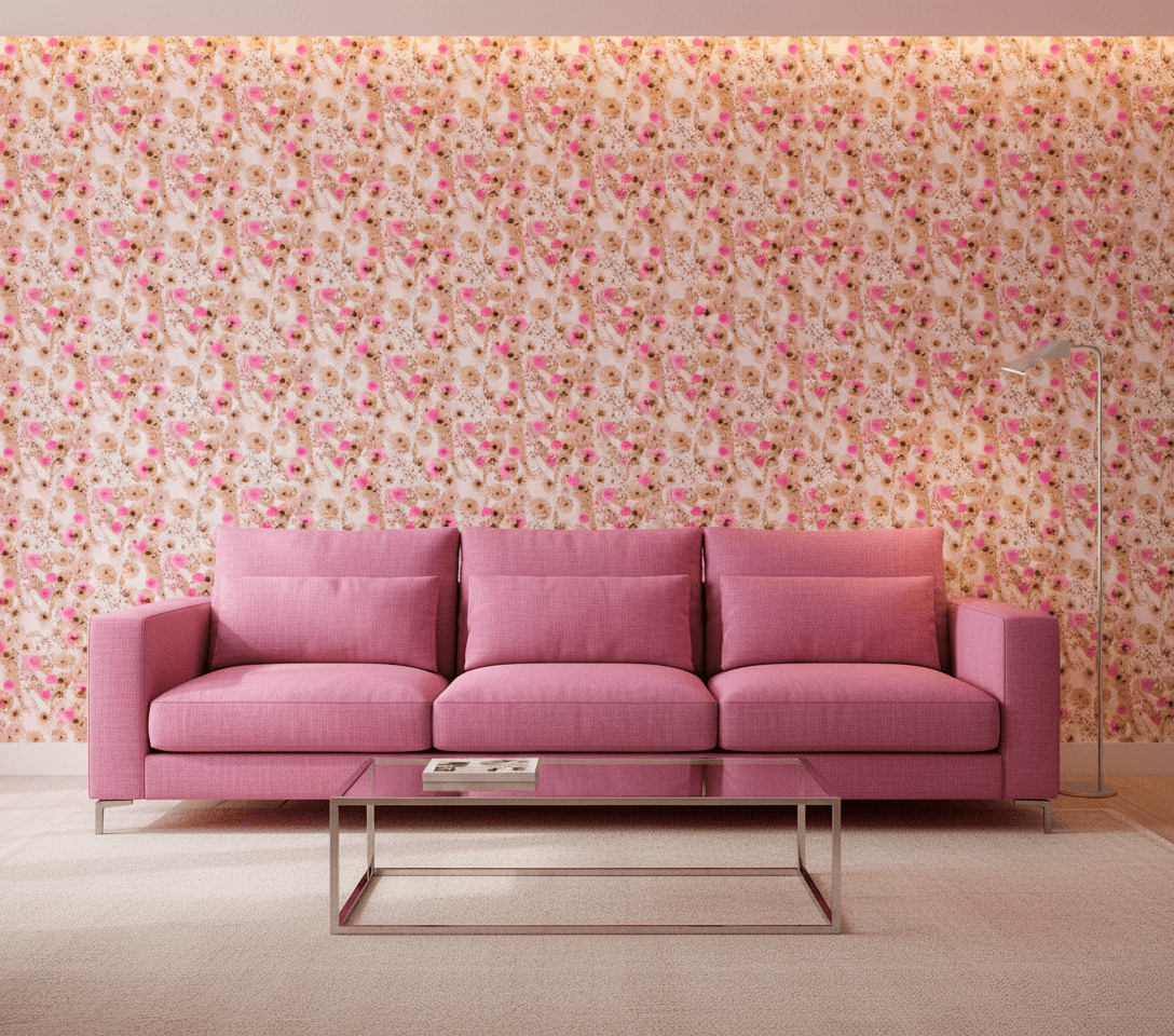 Modern pink living room with Selene wallpaper in pink and gold